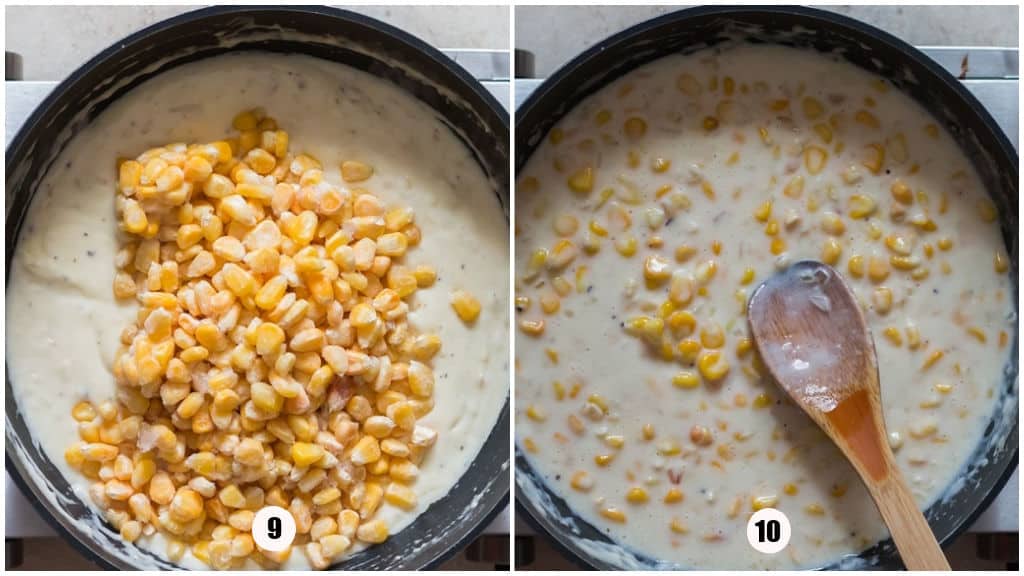 creamed corn cooked in a skillet.