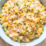 frozen creamed corn in ceramic bowl with text