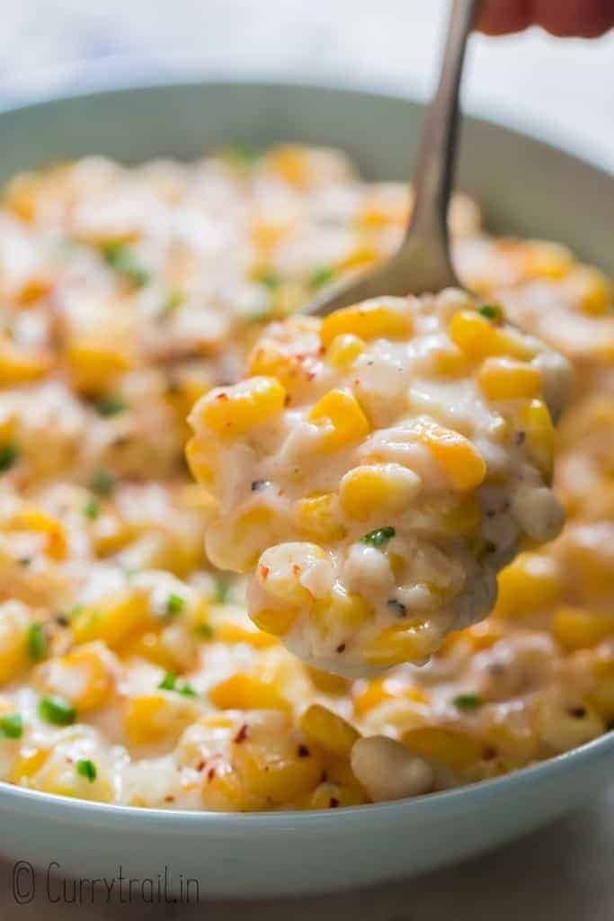 creamed corn in ceramic bowl