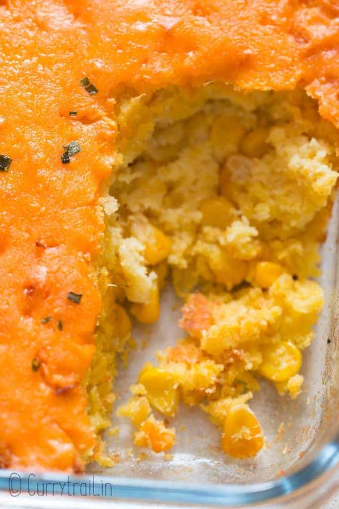 cheesy corn casserole in casserole dish