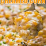 frozen creamed corn in ceramic bowl with text