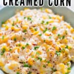 frozen creamed corn in ceramic bowl with text