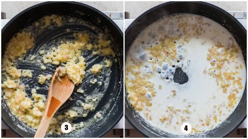 making cream sauce for creamed corn in a skillet.