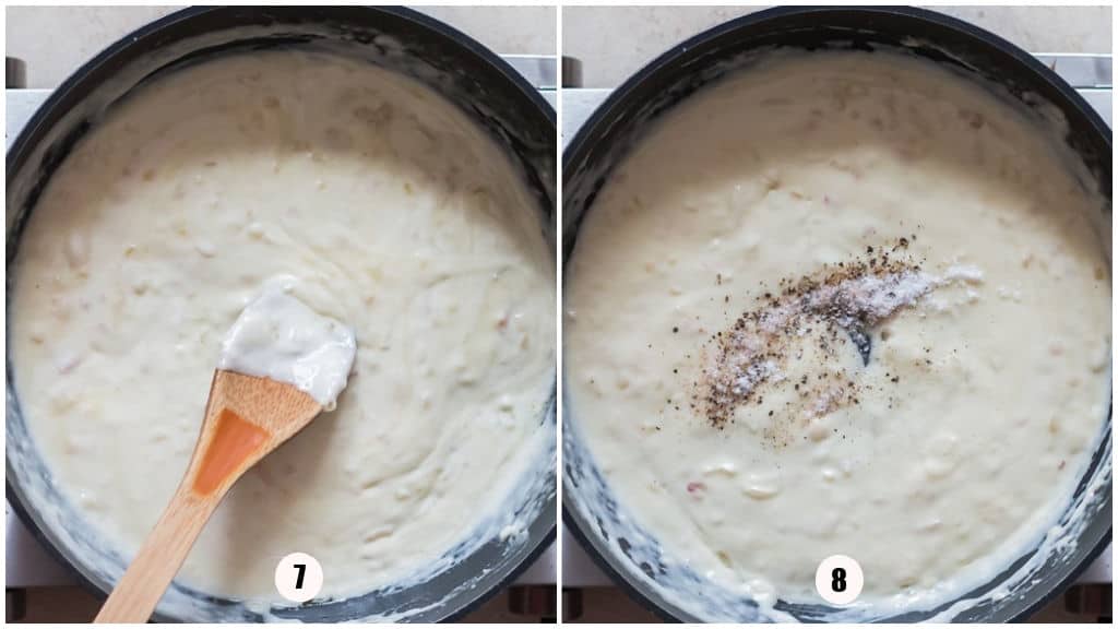 seasoning creamed corn with salt and pepper in a skillet.