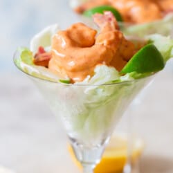 spicy prawn cocktail served in a cocktail glass.