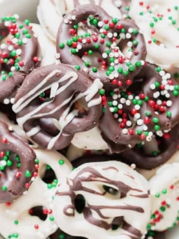 close up view of pretzels coated in chocolate