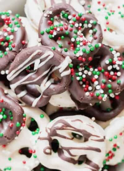 close up view of pretzels coated in chocolate