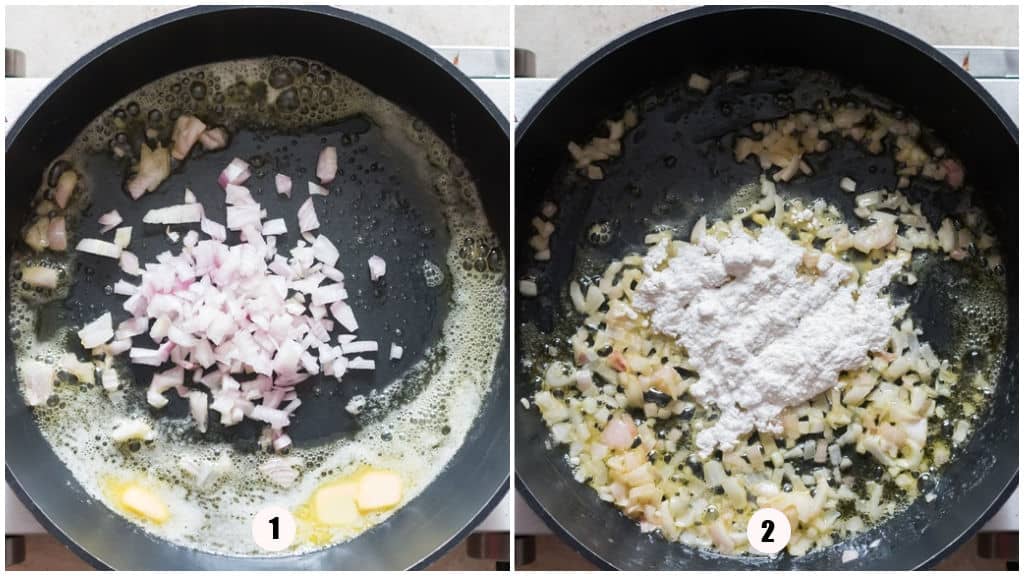 sautéing shallots for creamed corn in a skillet.