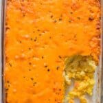 cheesy sweet corn casserole in casserole dish