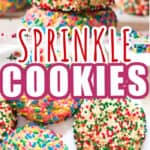 sprinkle sugar cookies stacked one top of other with text