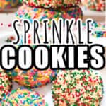 sprinkle sugar cookies stacked one top of other with text