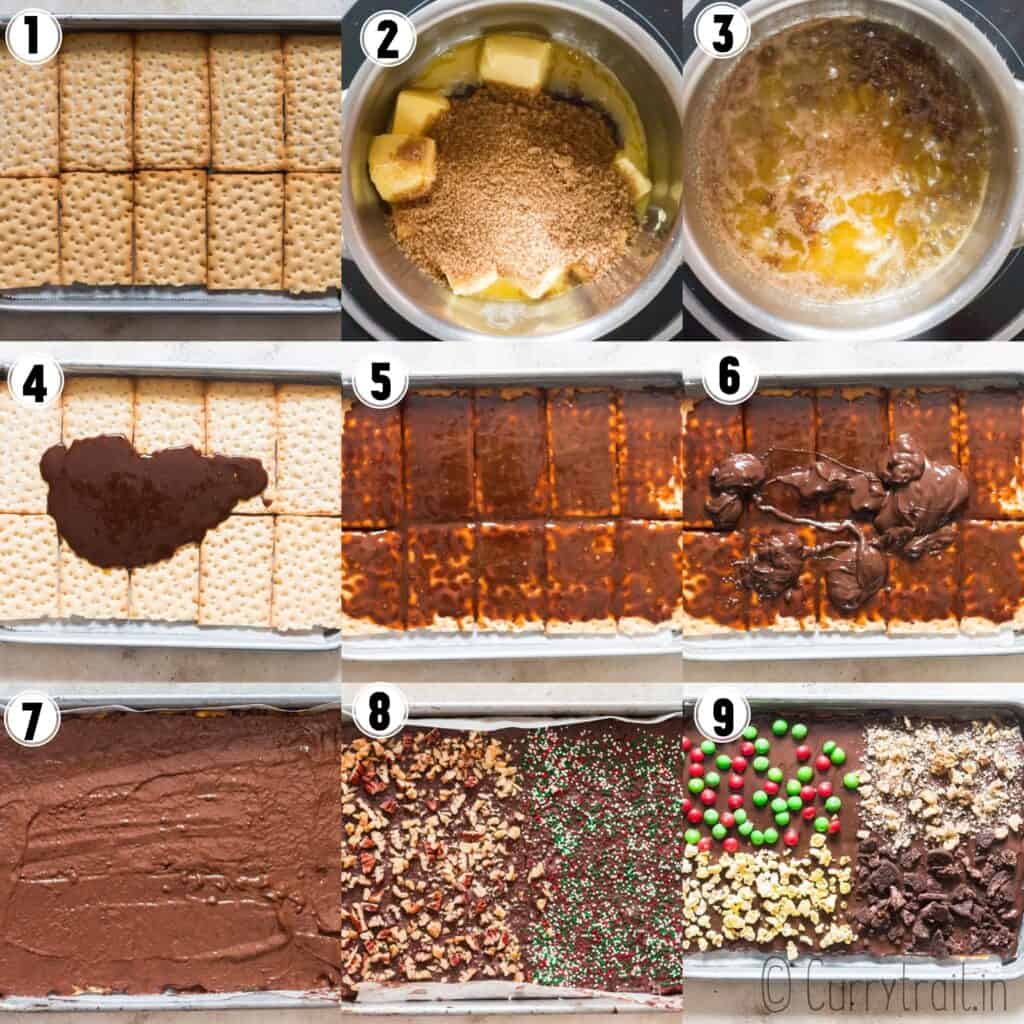 how to make Christmas crack in baking pan with step by step picture collage