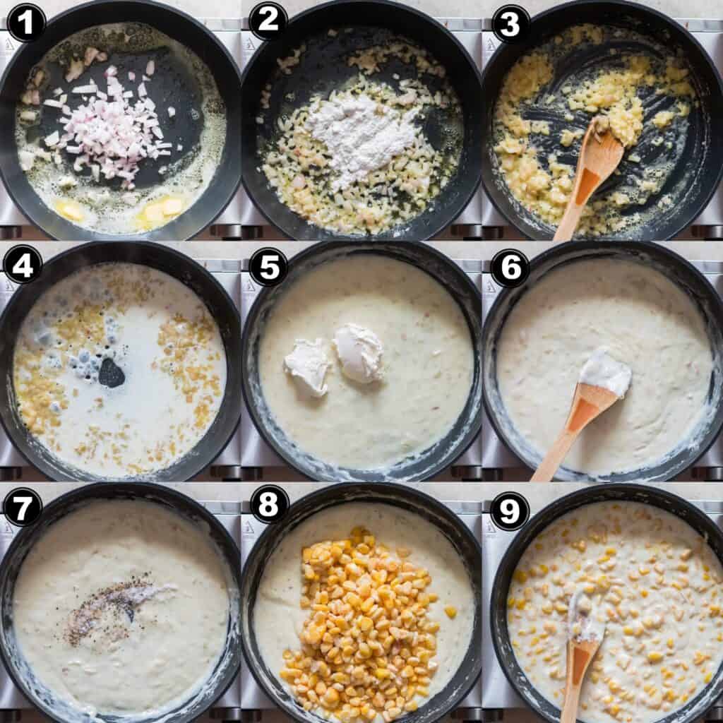 step by step picture collage of how to make creamed corn