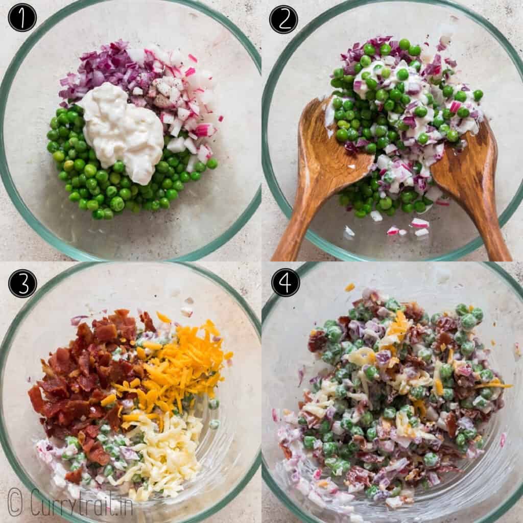 step by step picture collage of pea salad