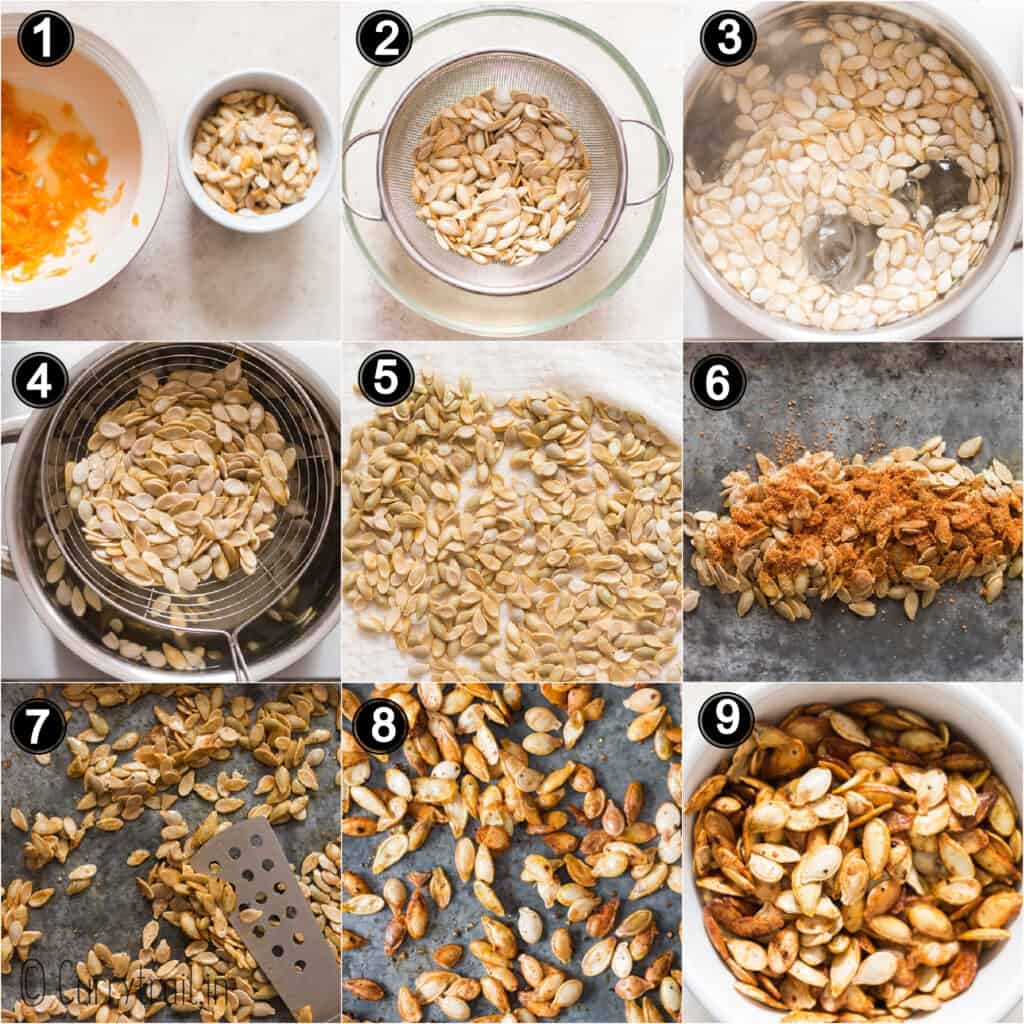 step by step picture collage of how to roast pumpkin seeds in oven