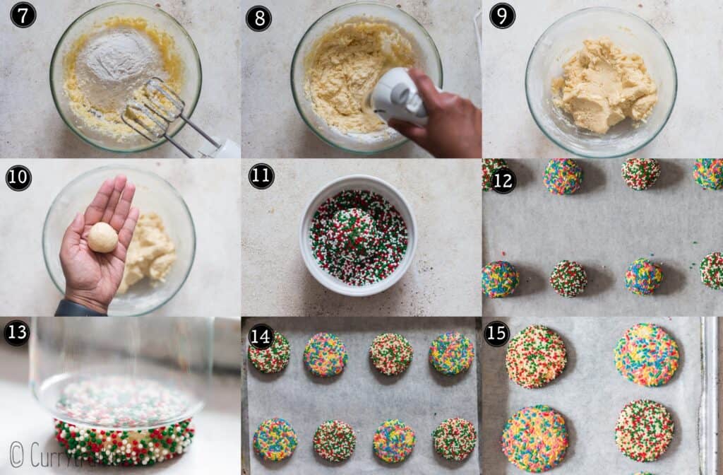 step by step picture collage of sprinkle cookies