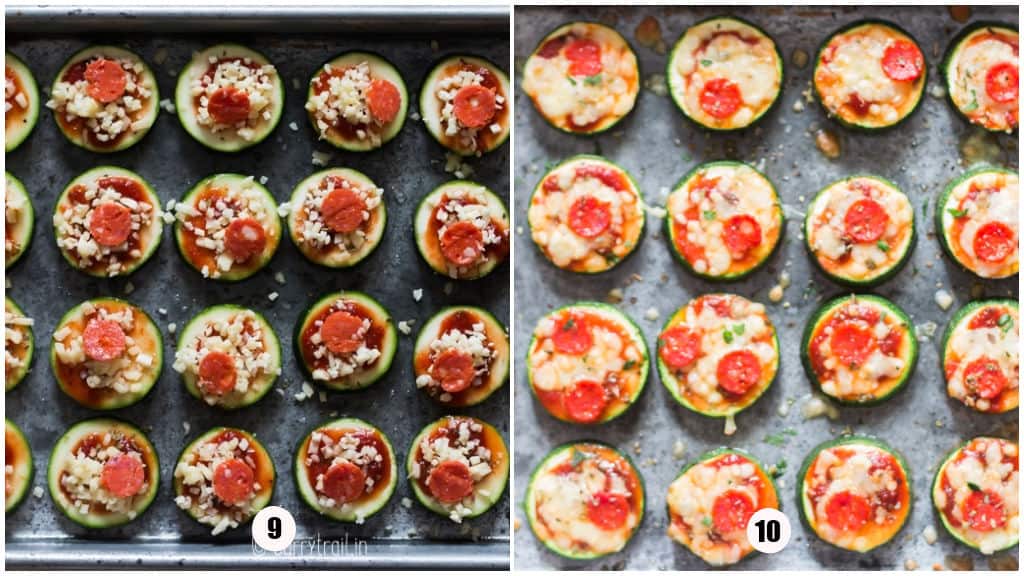 adding toppings for zucchini pizza bites on a baking tray.