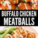 plate filled with chicken meatballs with buffalo sauce and blue cheese dressing