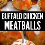 chicken meatballs with buffalo sauce and blue cheese dressing drizzled on top with text