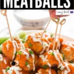 plate filled with chicken meatballs with buffalo sauce and blue cheese dressing
