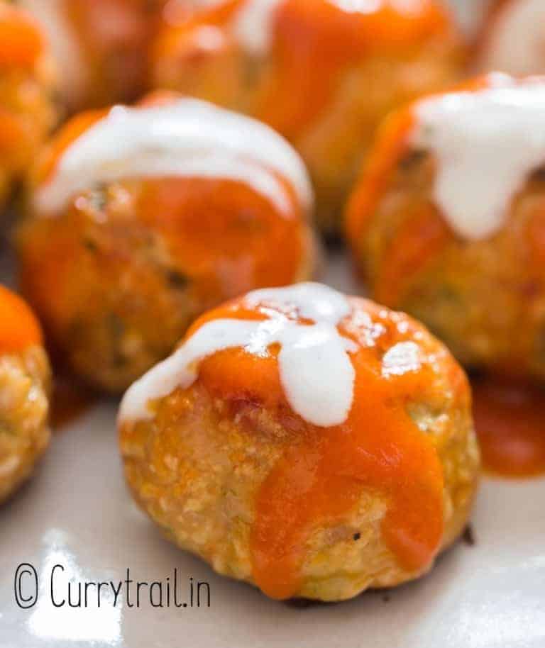 closeup view of buffalo chicken meatballs