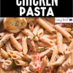 cajun creamy chicken pasta cooked in skillet with text