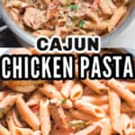 creamy chicken pasta in skillet served with garlic bread on side witht ext