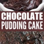 hot fudge chocolate pudding cake served with ice cream with text