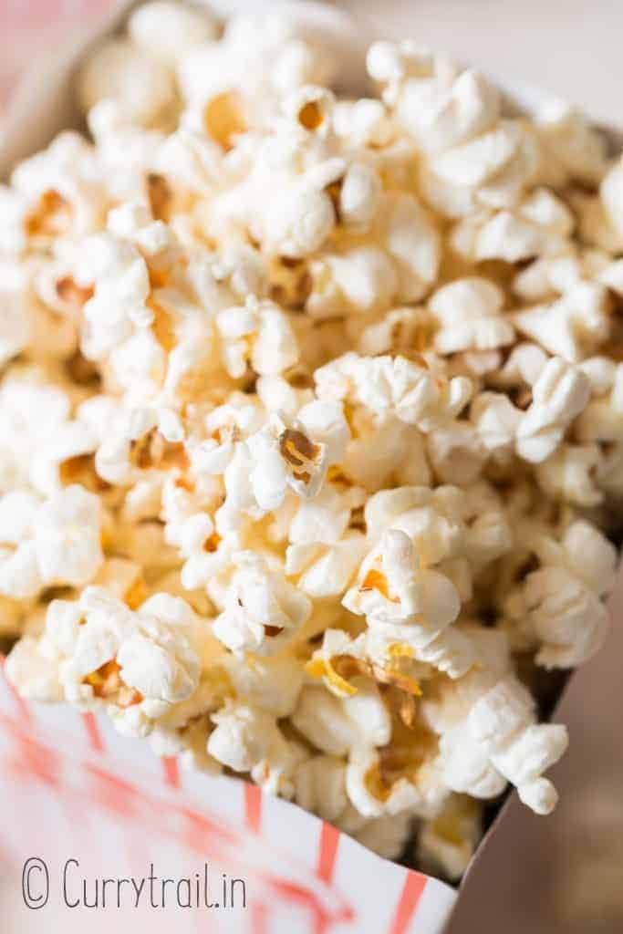 close up of movie style theater popcorn made on stove top