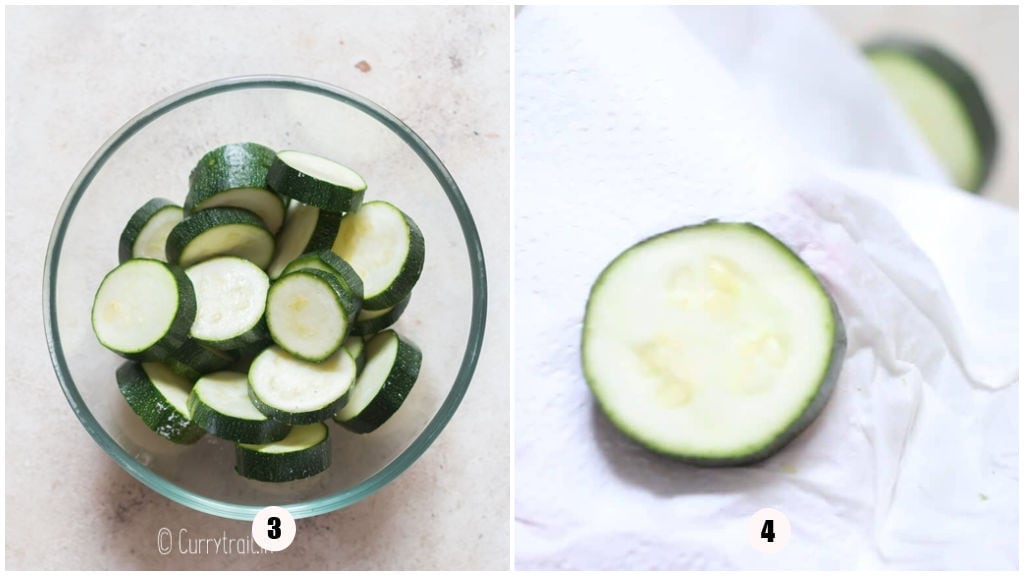 drying out zucchini pizza slices in a bowl.