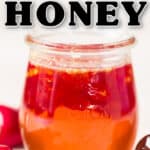 hot honey in glass jar with text