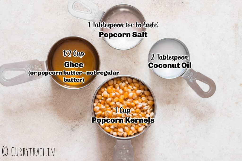 all ingredients for movie style theater popcorn in measuring cups