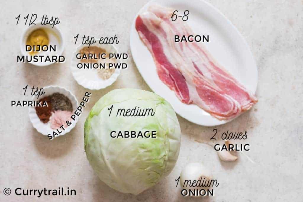 all ingredients for southern fried cabbage with bacon recipe