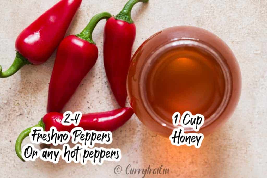 all ingredients for hot honey infused with red hot peppers