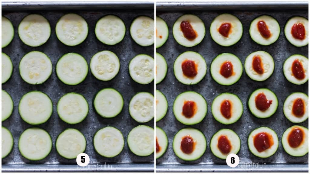 adding toppings for zucchini pizza bites on a baking tray.