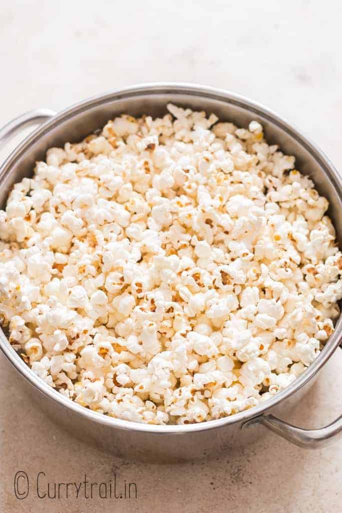 close up of movie style theater popcorn made on stove top