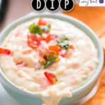 queso dip recipe with nacho dipped in with text