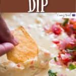 easy white queso dip cooked in skillet with fresh pica de gallo on it with text