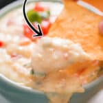 queso dip recipe with nacho dipped in with text