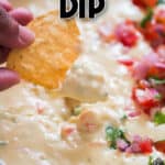 queso dip recipe with nacho dipped in with text