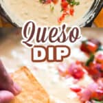white queso dup in small ceramic bowl with nachos on side with text overlay