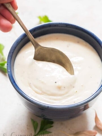 roasted garlic parmesan sauce in ceramic bowl