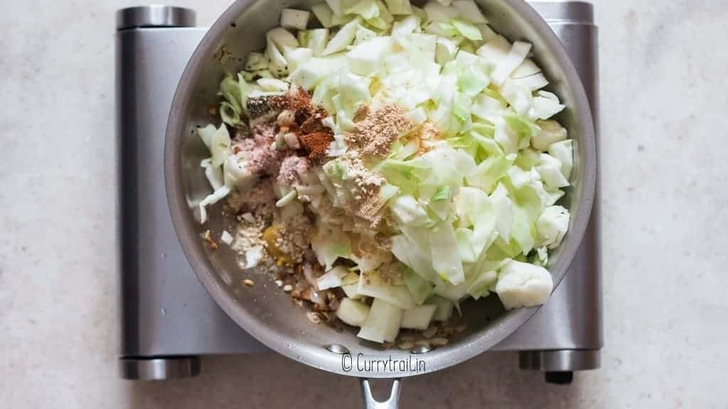 all seasoning added to pan to make fried cabbage recipe