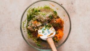 all ingredients for buffalo chicken meatballs in bowl