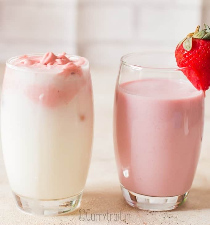 2 ways to make strawberry milk served in 2 cups