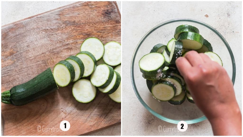 thick slices of pizza cut on wooden board.