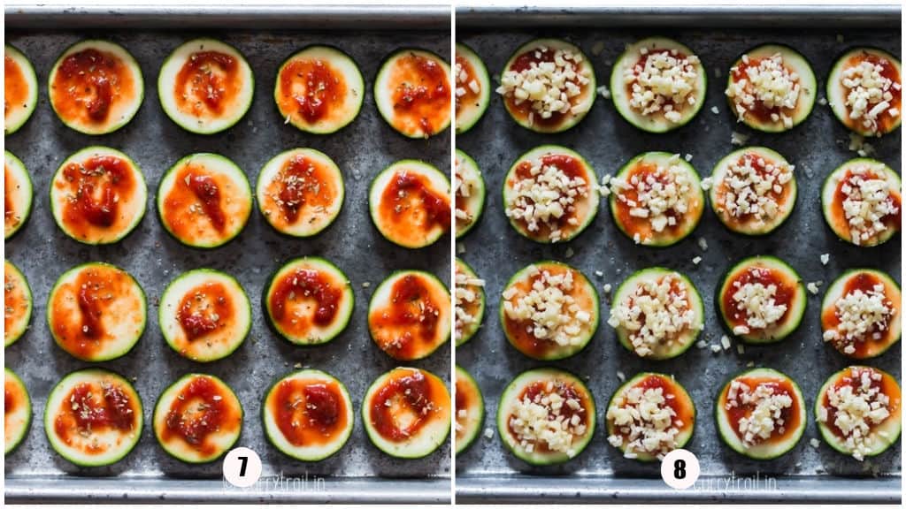 adding toppings for zucchini pizza bites on a baking tray.