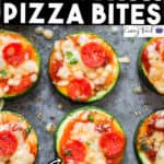 baked pepperoni pizza bites on baking tray with text