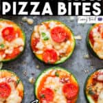 baked pepperoni pizza bites on baking tray with text