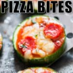 zucchini pizza bites on baking tray with text overlay